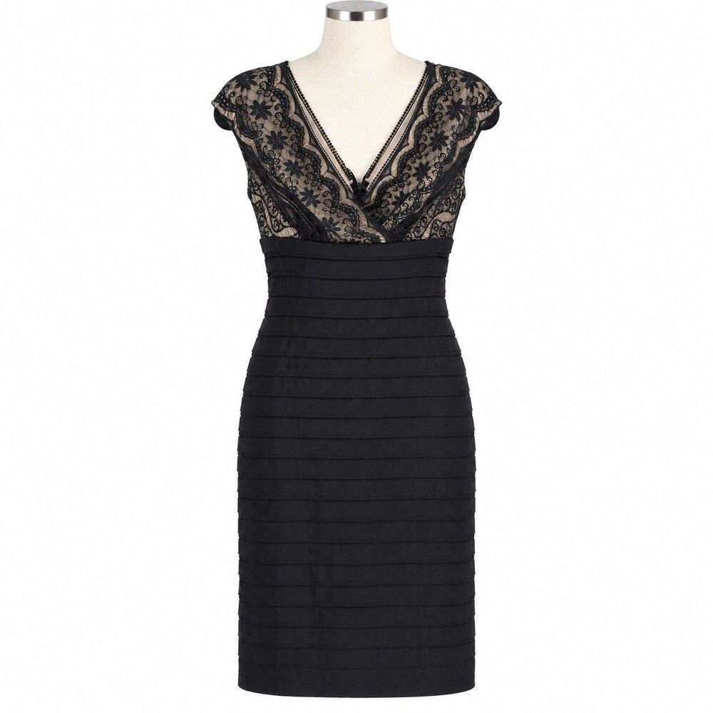Adrianna Papell Black Lace Cap Sleeve Ruched Sheath Dress Size 6 Cocktail